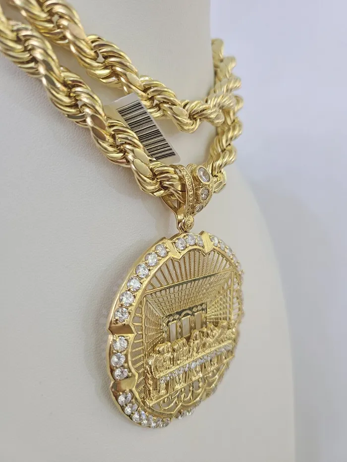 Real 10k Rope Chain Last Supper Charm Set 10mm 2030 Inch Necklace Yellow Gold Globalwatches10 Necklaces