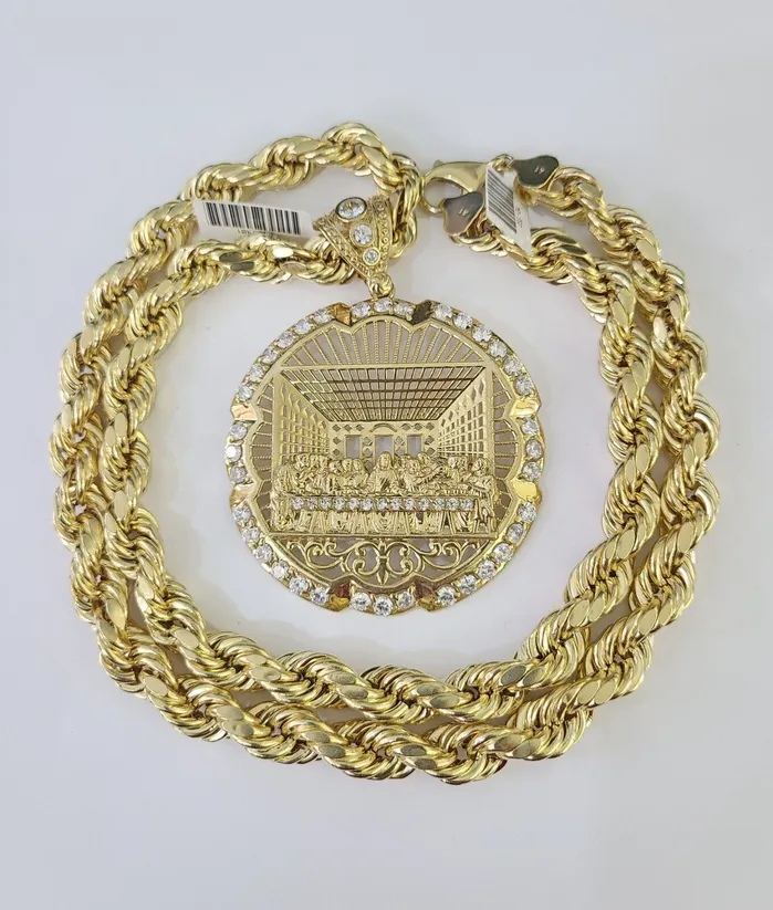 Real 10k Rope Chain Last Supper Charm Set 10mm 2030 Inch Necklace Yellow Gold Globalwatches10 Necklaces