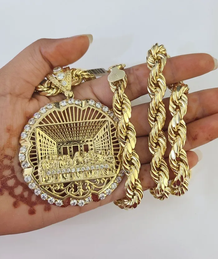 Real 10k Rope Chain Last Supper Charm Set 10mm 2030 Inch Necklace Yellow Gold Globalwatches10 Necklaces