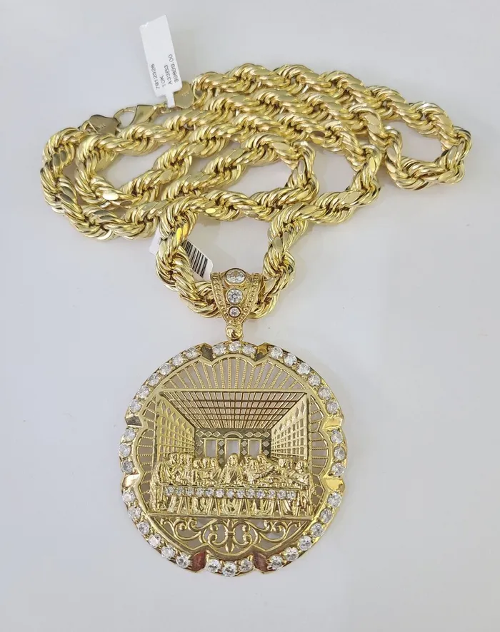 Real 10k Rope Chain Last Supper Charm Set 10mm 2030 Inch Necklace Yellow Gold Globalwatches10 Necklaces