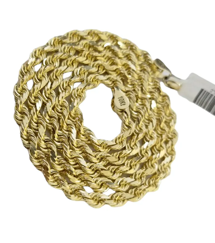 Real 10k Solid Rope Chain Yellow Gold Necklace Diamond Cut 4mm 26 Inch Gold and Diamond Necklaces