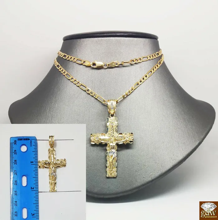 Real 10k Yellow Gold Figaro Chain With 10k Jesus Cross pendant 2028 Necklace Gold and Diamond Necklaces