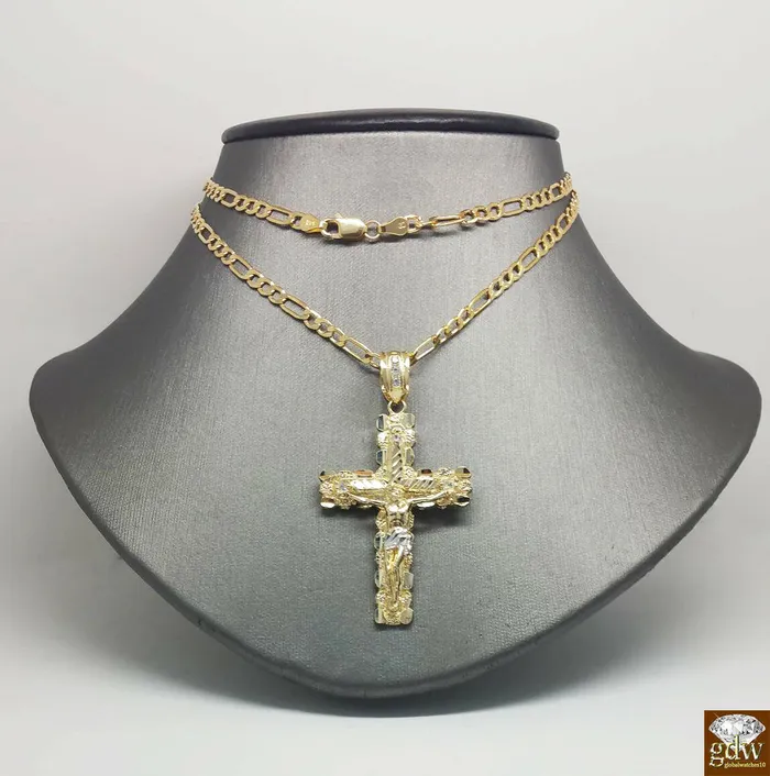 Real 10k Yellow Gold Figaro Chain With 10k Jesus Cross pendant 2028 Necklace Gold and Diamond Necklaces