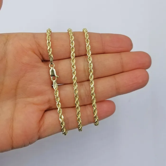 Real 10k Yellow Gold Rope Chain 22 Necklace 3mm Men Women Lobster Lock Gold and Diamond Necklaces