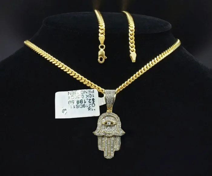 Real 10k Yellow Solid Gold Diamond Hamsa Hand Charm with 26 Miami Cuban Chain Gold and Diamond Charm Necklaces Real 10k Yellow Solid Gold Diamond Hamsa Hand Charm with 26 Miami Cuban Chain Gold and Diamond Charm Necklaces
