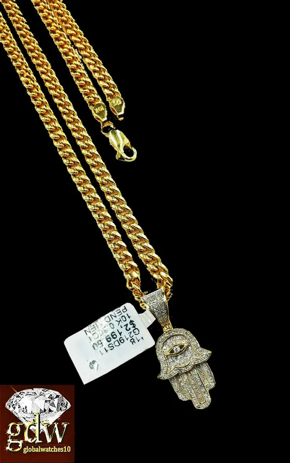 Real 10k Yellow Solid Gold Diamond Hamsa Hand Charm with 26 Miami Cuban Chain Gold and Diamond Charm Necklaces