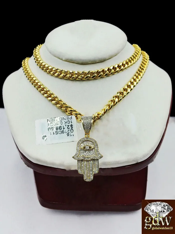 Real 10k Yellow Solid Gold Diamond Hamsa Hand Charm with 26 Miami Cuban Chain Gold and Diamond Charm Necklaces
