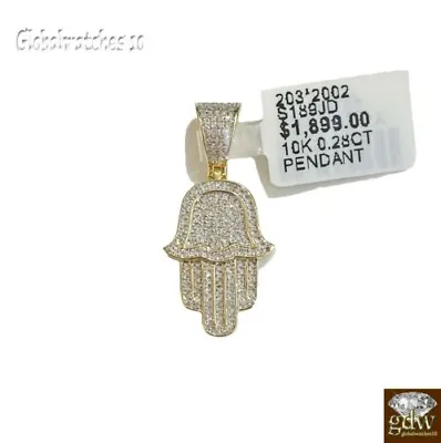 Real 10k Yellow Solid Gold Diamond Hamsa Hand Charm with 26 Miami Cuban Chain Gold and Diamond Charm Necklaces