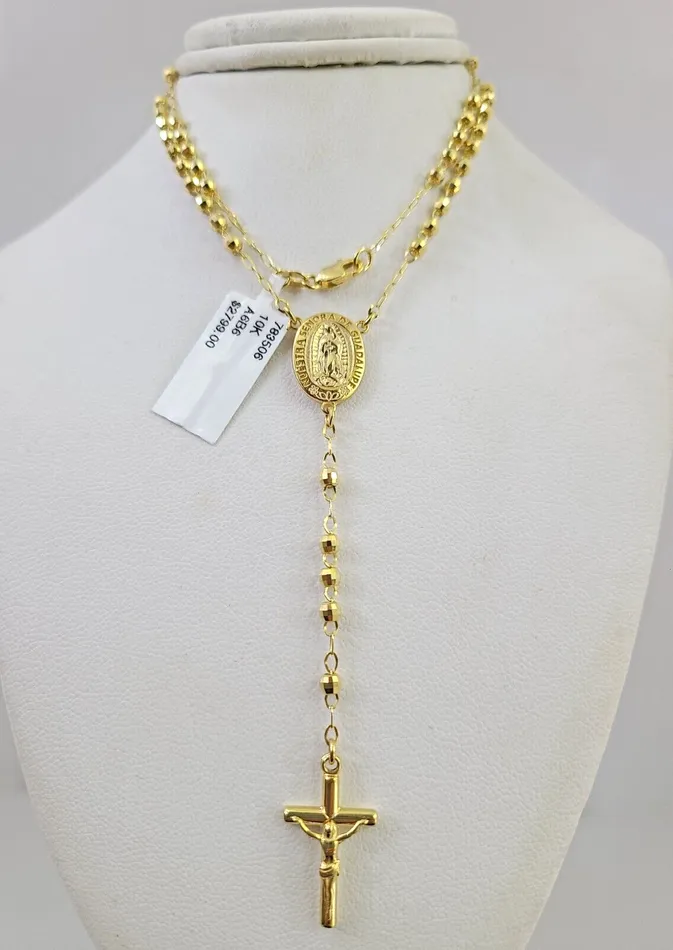 Real 14k Gold Rosary Necklace Jesus Cross Women Diamond Cut Chain Gold and Diamond Necklaces