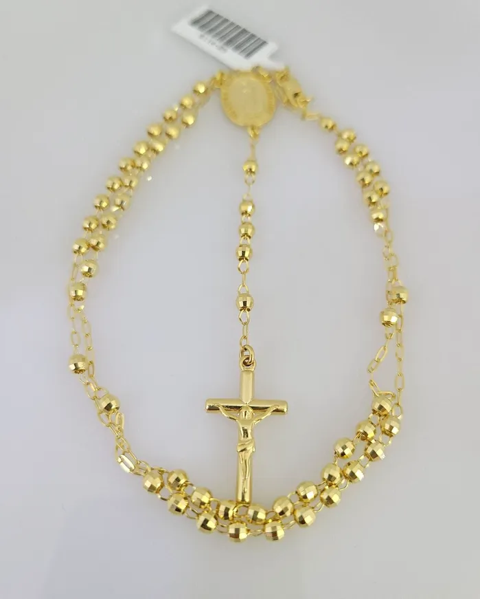 Real 14k Gold Rosary Necklace Jesus Cross Women Diamond Cut Chain Gold and Diamond Necklaces