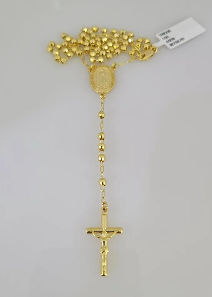 Real 14k Gold Rosary Necklace Jesus Cross Women Diamond Cut Chain Gold and Diamond Necklaces