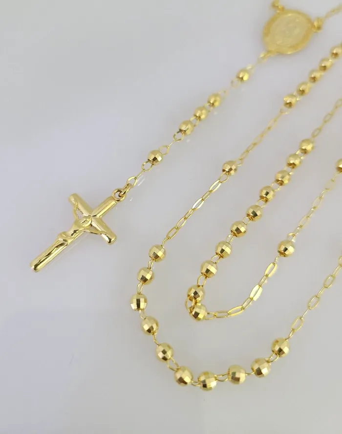 Real 14k Gold Rosary Necklace Jesus Cross Women Diamond Cut Chain Gold and Diamond Necklaces