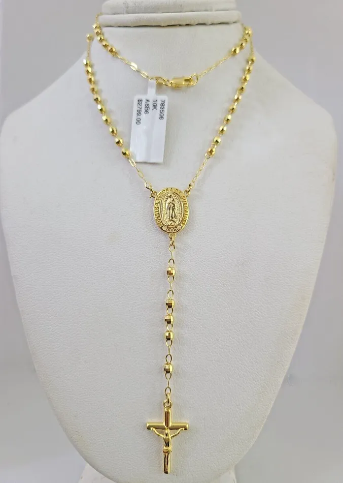 Real 14k Gold Rosary Necklace Jesus Cross Women Diamond Cut Chain Gold and Diamond Necklaces