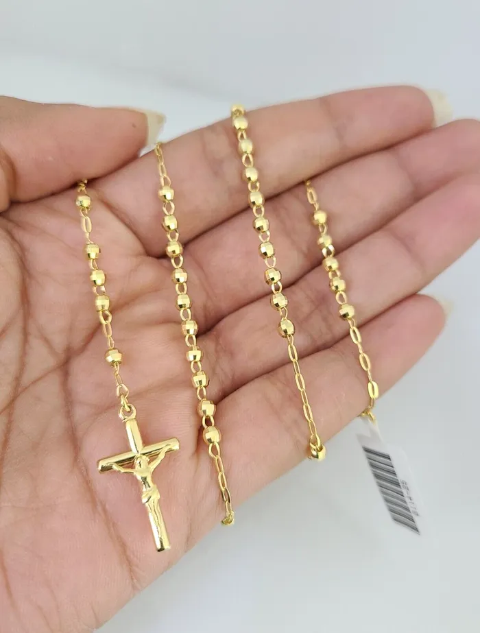 Real 14k Gold Rosary Necklace Jesus Cross Women Diamond Cut Chain Gold and Diamond Necklaces