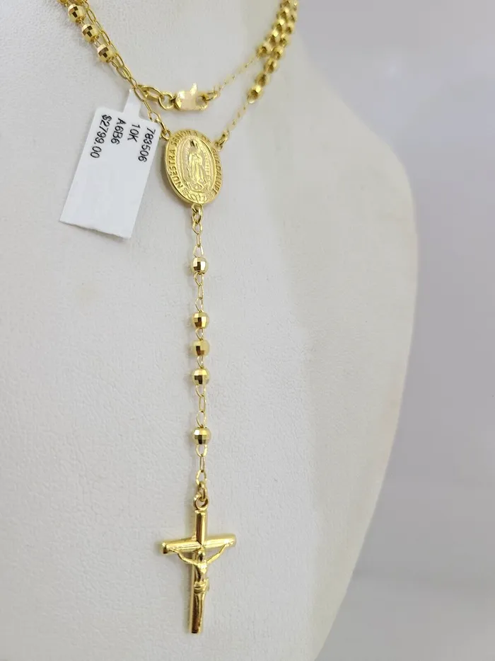 Real 14k Gold Rosary Necklace Jesus Cross Women Diamond Cut Chain Gold and Diamond Necklaces