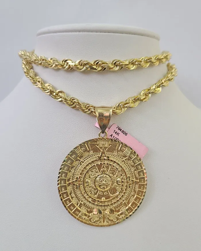 Real 14k Solid Rope Chain Mayan Calendar Charm Set 6mm 1830 Necklace Gold Gold and Diamond Necklaces Real 14k Solid Rope Chain Mayan Calendar Charm Set 6mm 1830 Necklace Gold Gold and Diamond Necklaces