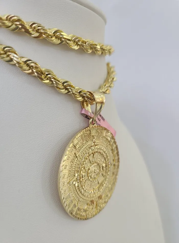 Real 14k Solid Rope Chain Mayan Calendar Charm Set 6mm 1830 Necklace Gold Gold and Diamond Necklaces