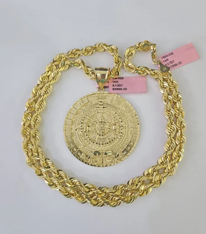 Real 14k Solid Rope Chain Mayan Calendar Charm Set 6mm 1830 Necklace Gold Gold and Diamond Necklaces