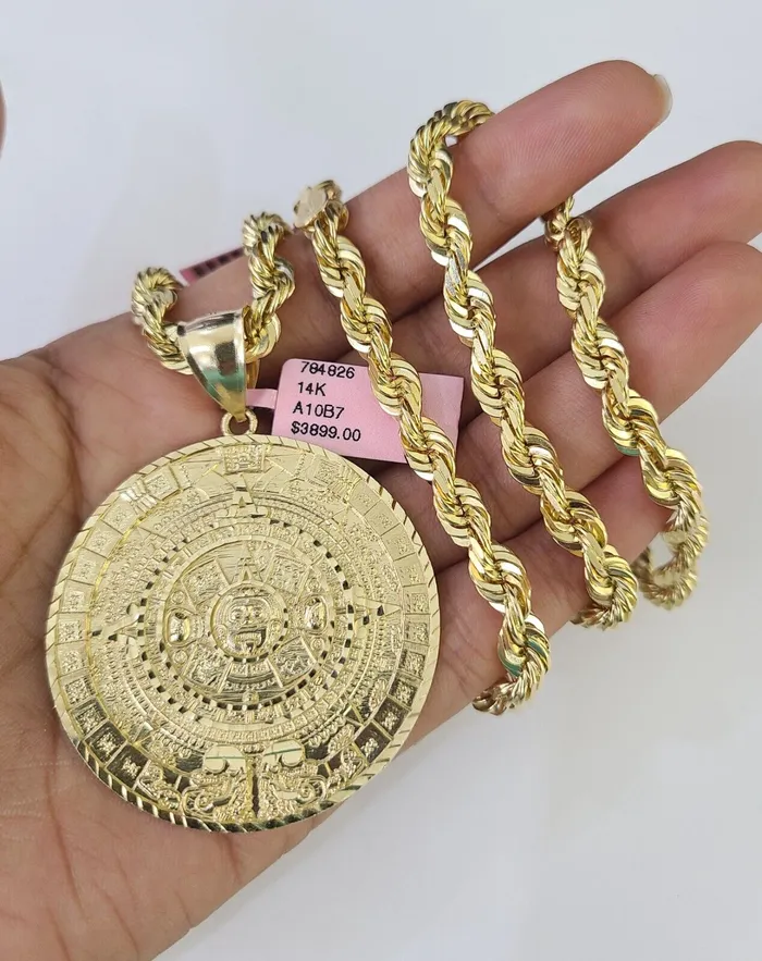 Real 14k Solid Rope Chain Mayan Calendar Charm Set 6mm 1830 Necklace Gold Gold and Diamond Necklaces