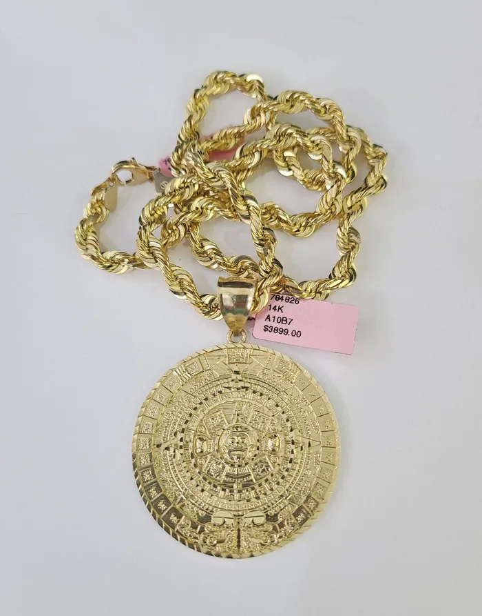 Real 14k Solid Rope Chain Mayan Calendar Charm Set 6mm 1830 Necklace Gold Gold and Diamond Necklaces