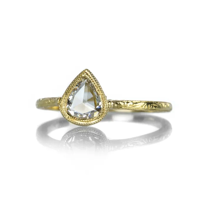 Rings Diana Mitchell Pear Rose Cut Diamond Engraved Cathedral Ring