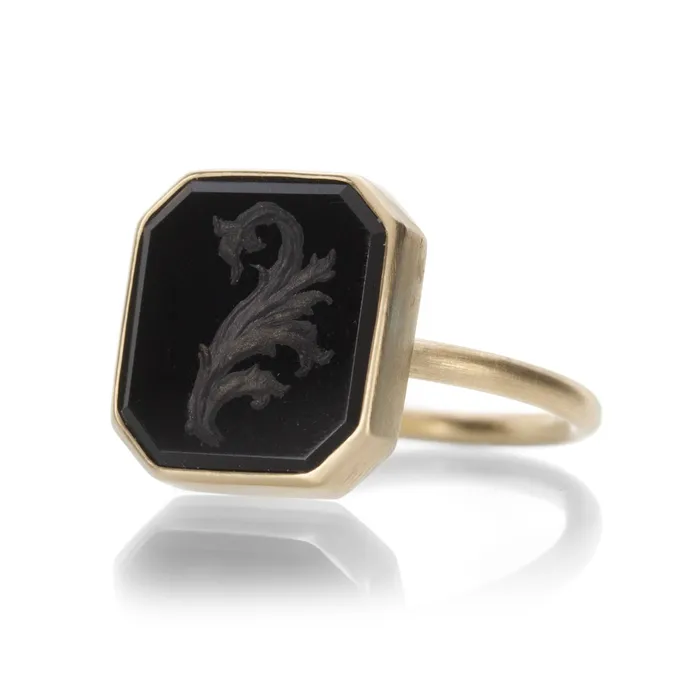 Rings Gabriella Kiss Black Jade Leaf Intaglio Ring