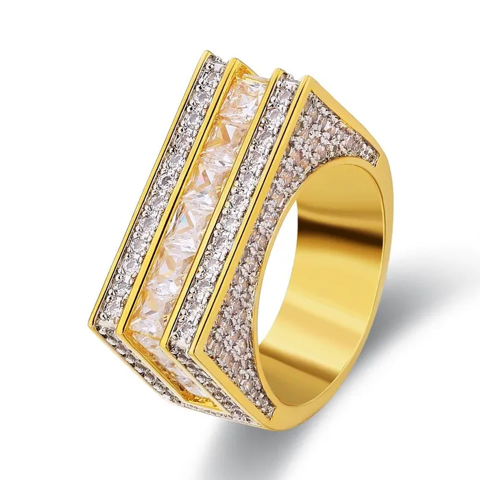 Rings KRKC The Majesty Single Rows Princess Cut CZ Diamond Mens Hip Hop Ring in 18K Gold Rings KRKC The Majesty Single Rows Princess Cut CZ Diamond Mens Hip Hop Ring in 18K Gold