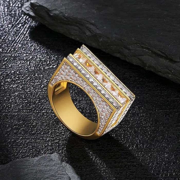Rings KRKC The Majesty Single Rows Princess Cut CZ Diamond Mens Hip Hop Ring in 18K Gold