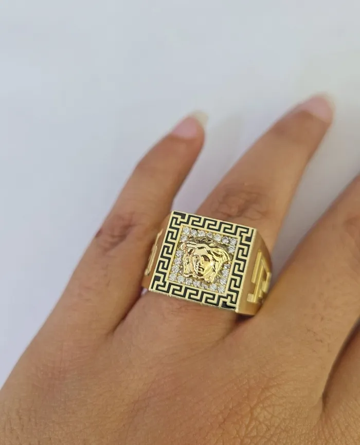 Rings Real 10k Ring Medusa Head Fancy Black Design Yellow Gold Men Casual 10kt Gold and Diamond