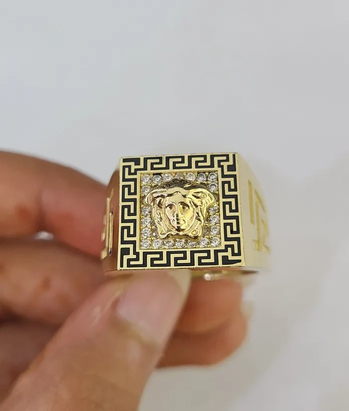 Rings Real 10k Ring Medusa Head Fancy Black Design Yellow Gold Men Casual 10kt Gold and Diamond