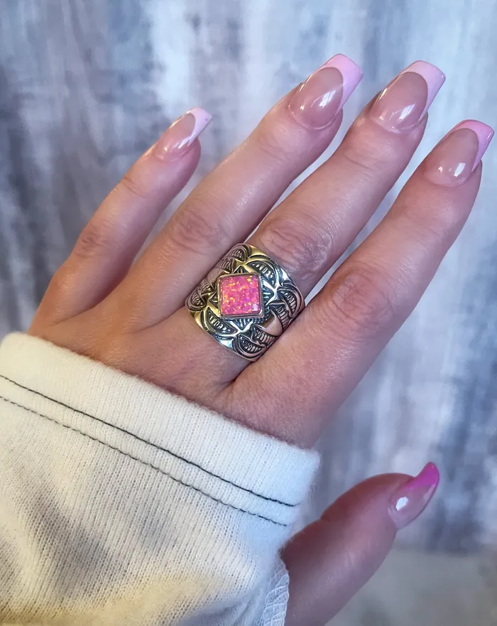 Rings SophiaRene Boutique Sterling Silver Stamped Artisan Boho Ring Hot Pink Fire Opal Rings SophiaRene Boutique Sterling Silver Stamped Artisan Boho Ring Hot Pink Fire Opal