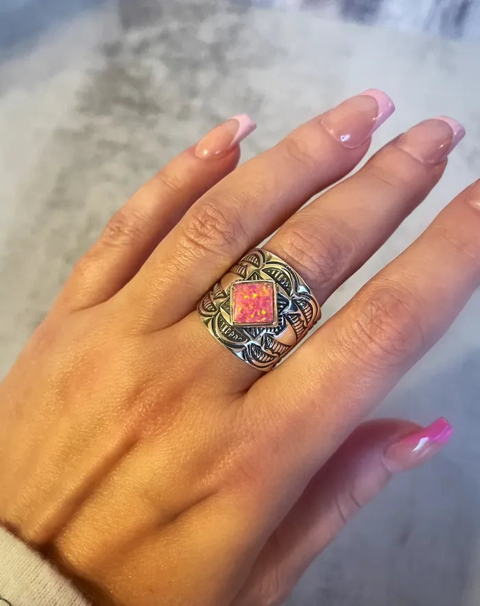 Rings SophiaRene Boutique Sterling Silver Stamped Artisan Boho Ring Hot Pink Fire Opal Rings SophiaRene Boutique Sterling Silver Stamped Artisan Boho Ring Hot Pink Fire Opal