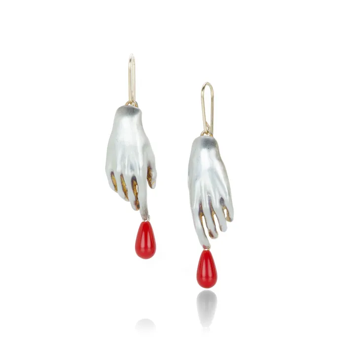 Silver Hand Earrings with Red Drops Gabriella Kiss Earrings